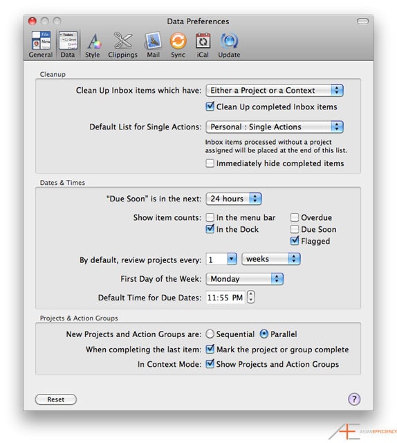 OmniFocus Preferences: Data