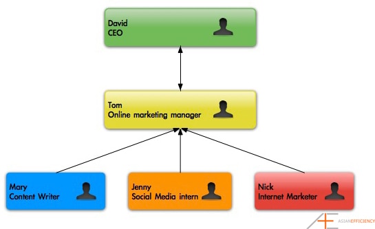 Organization structure and hierarchy for Tom.