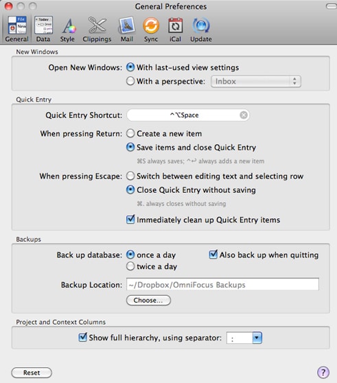 General Omnifocus preferences