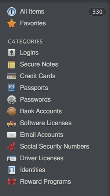 The sidebar of 1Password. I'll cover each category.